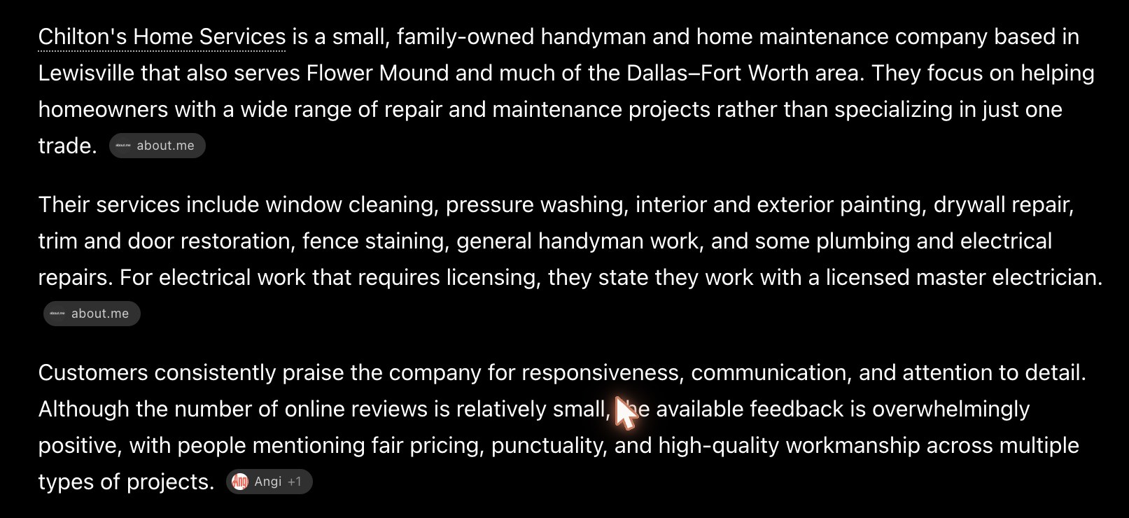 ChatGPT describing Chilton's Home Services accurately by name